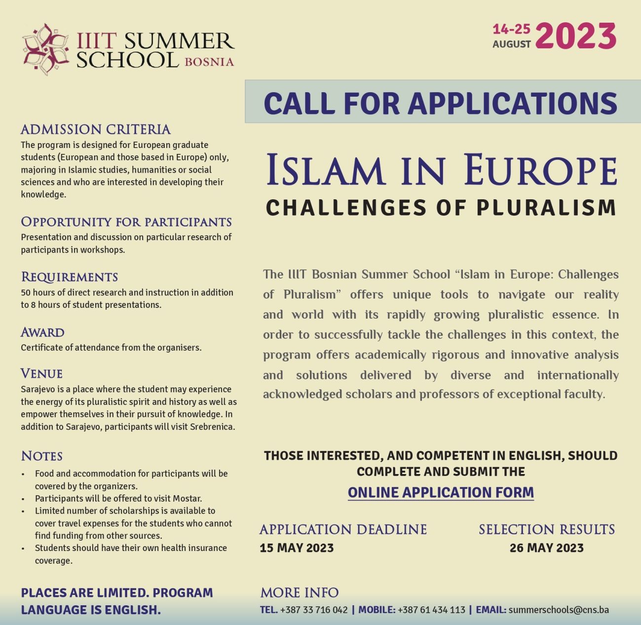 IIIT Bosnian Summer School “Islam in Europe: Challenges of Pluralism” - Call for Papers