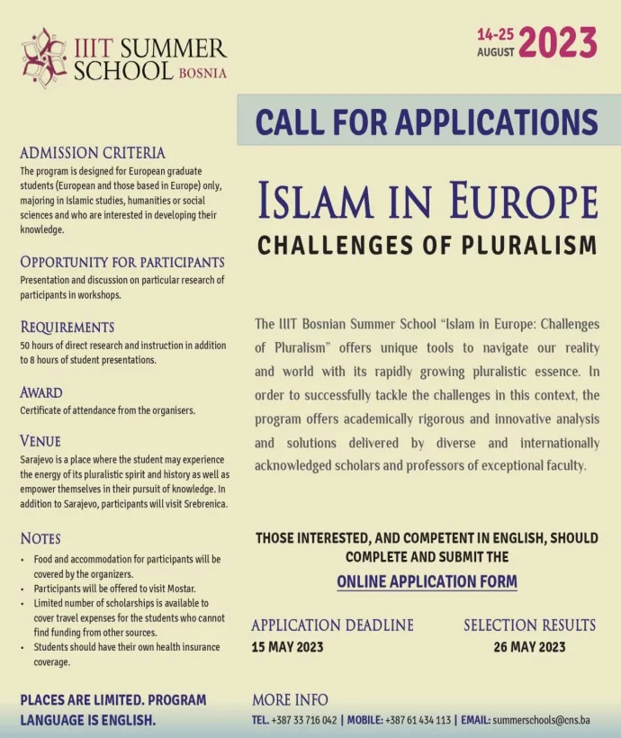 IIIT Bosnian Summer School “Islam in Europe: Challenges of Pluralism” - Call for Papers